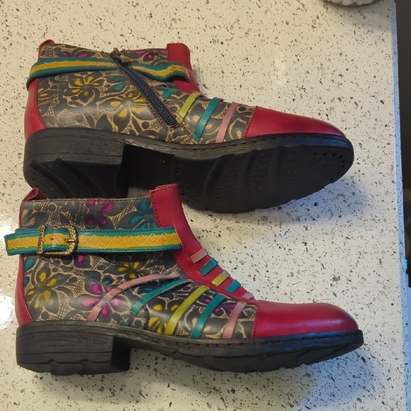 Floral Multicolor Red Leather Ankle Booties - Picture 6 of 6